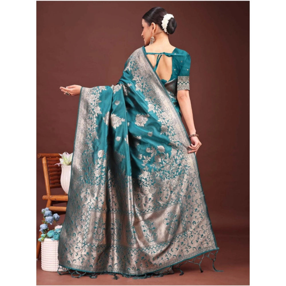 Generic Women's Banarasi Silk Printed Saree With Unstitched Blouse 5.5Mtr (Sea Green)