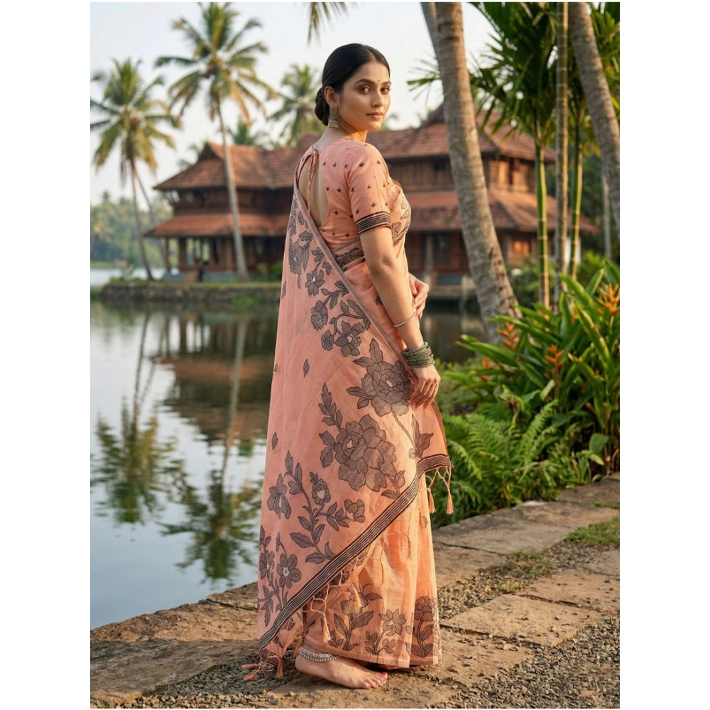 Generic Women's Linen Cotton Printed Saree With Unstitched Blouse 5.5Mtr (Orange)
