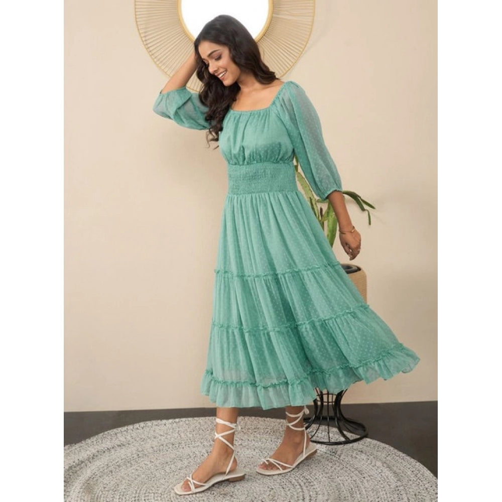 Generic Women's Chiffon Solid Puff Sleeve Dress (Green)