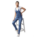Generic Women's Denim Lycra Solid Buttoned Dungaree (Ice Blue)