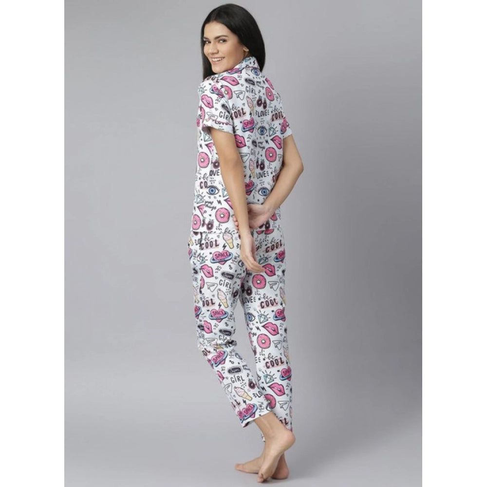 Generic Women's Cotton Blend Printed Short Sleeve Night Suit (Multicolor)