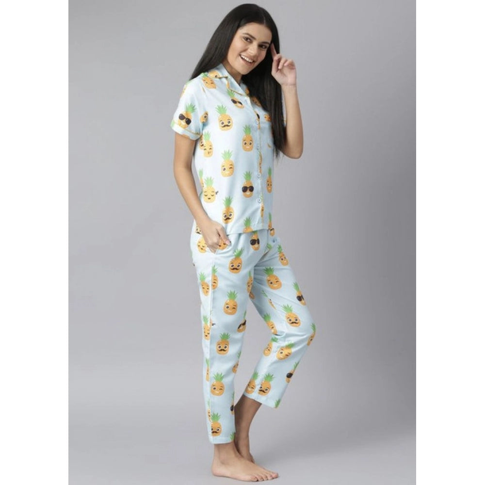 Generic Women's Cotton Blend Printed Short Sleeve Night Suit (Blue-Yellow)