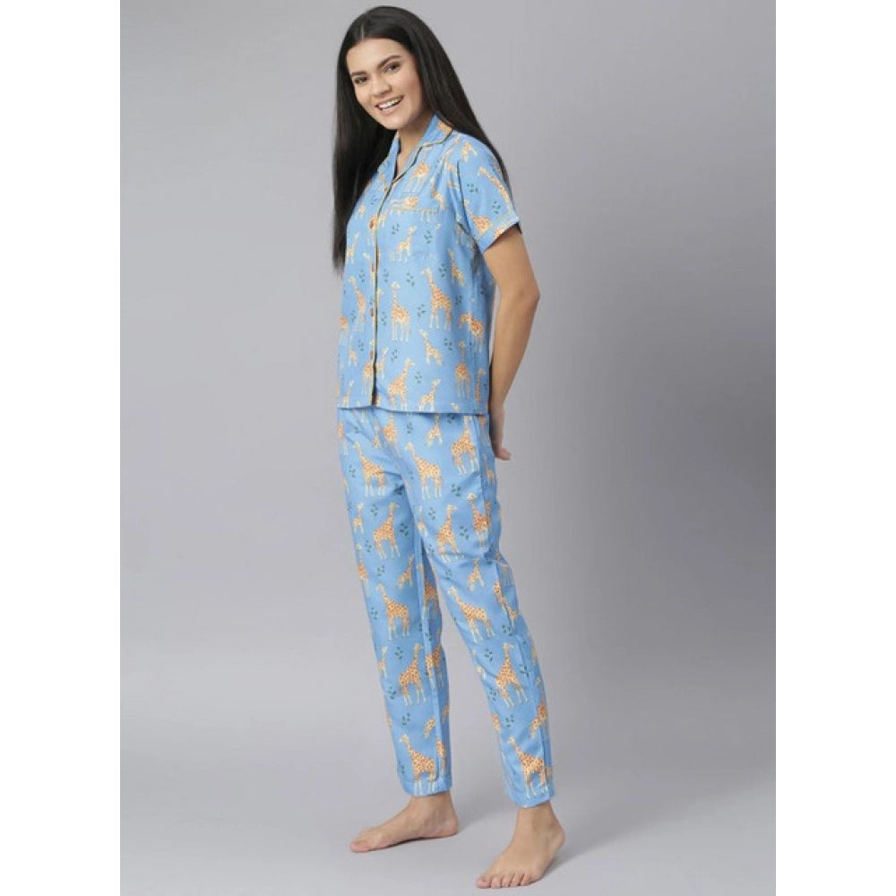 Generic Women's Cotton Blend Printed Short Sleeve Night Suit (Blue)