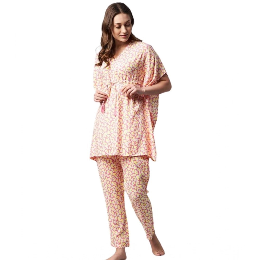 Generic Women's Rayon Tie And Dye Kaftan Sleeve Night Suit (Multicolor)
