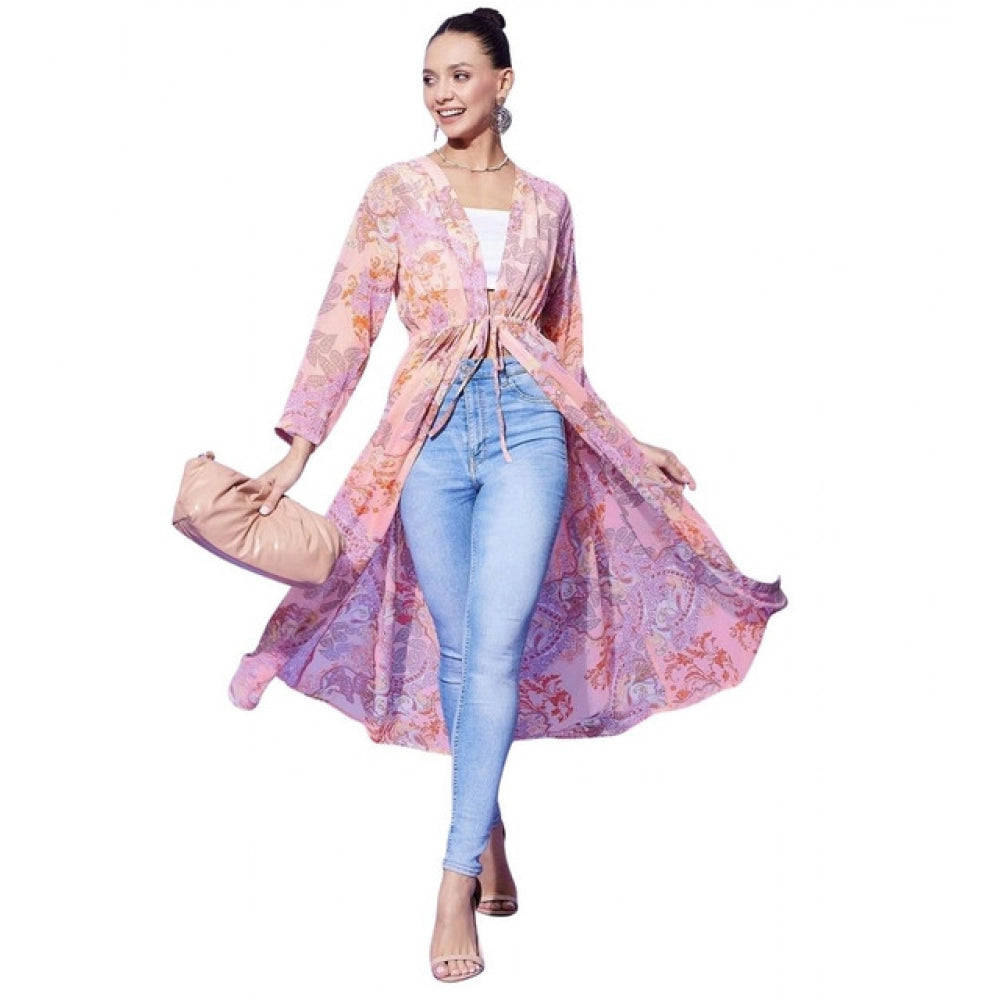 Generic Women's Polyester Floral Long Sleeves Shrug (Peach)