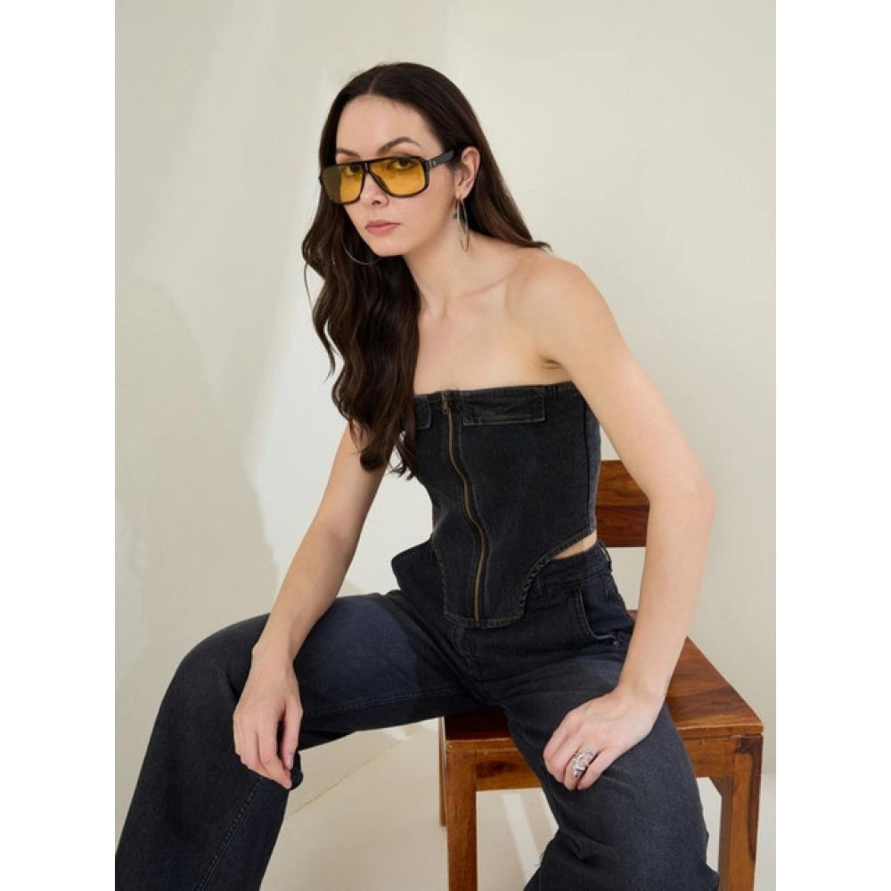 Generic Women's Denim Lycra Solid Sleeveless Top (Black)
