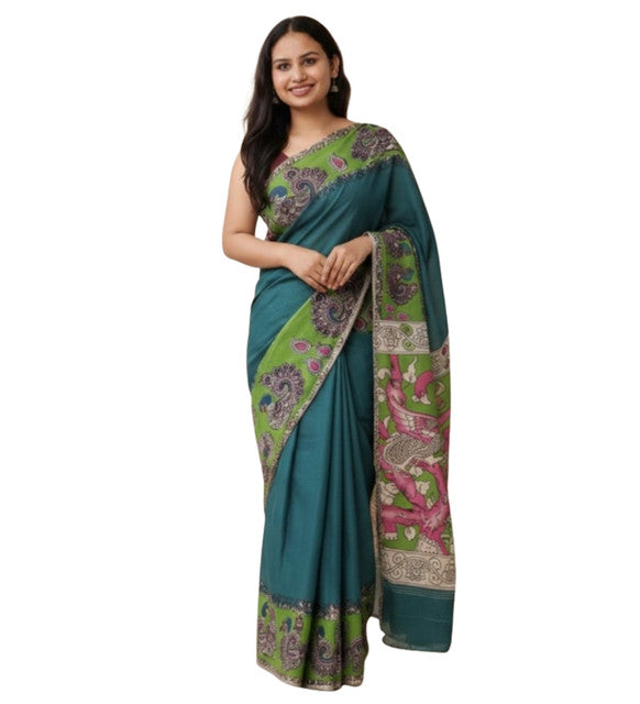 Generic Women's Linen Kalamkari Printed Saree With Unstitched Blouse - 5.5 Mtr (Teal)