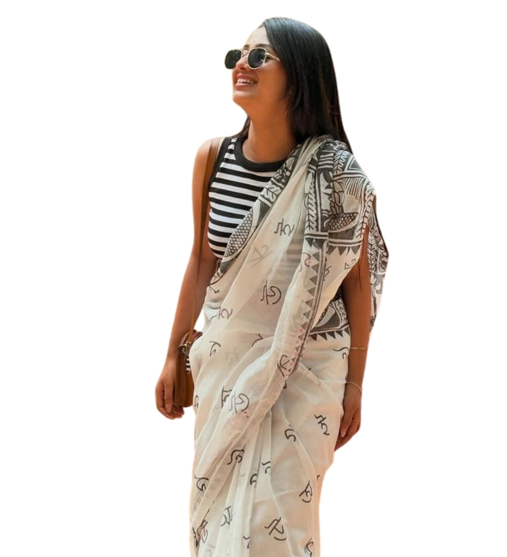 Generic Women's Linen Kalamkari Printed Saree With Unstitched Blouse - 5.5 Mtr (White-Black)