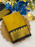 Generic Women's Cotton Silk Striped Saree With Unstitched Blouse - 5.5 Mtr (Mustard Yellow-Black)