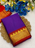 Generic Women's Cotton Silk Striped Saree With Unstitched Blouse - 5.5 Mtr (Purple-Red)