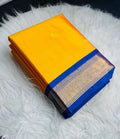 Generic Women's Cotton Silk Solid Saree With Unstitched Blouse - 5.5 Mtr (Yellow-Blue)