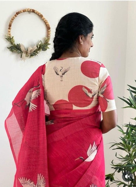 Generic Women's Linen Printed Saree With Unstitched Blouse - 5.5 Mtr (Pink)