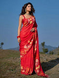 Generic Women's Linen Floral Printed Saree With Unstitched Blouse - 5.5 Mtr (Red)