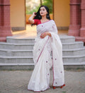 Generic Women's Linen Embroidered Saree With Unstitched Blouse - 5.5 Mtr (White-Red)