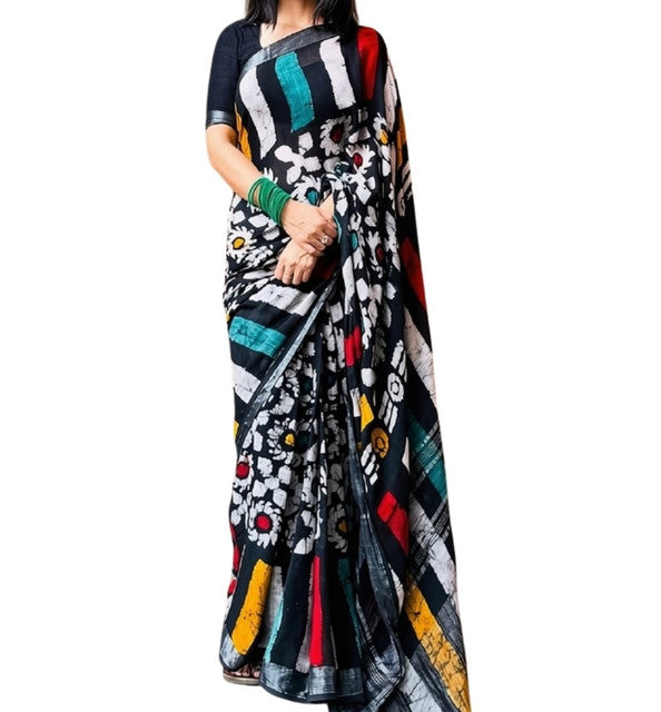 Generic Women's Linen Floral Printed Saree With Unstitched Blouse - 5.5 Mtr (Multicolor)