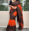 Generic Women's Linen Checkered Saree With Unstitched Blouse - 5.5 Mtr (Orange-Black)