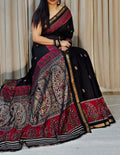 Generic Women's Linen Kalamkari Printed Saree With Unstitched Blouse - 5.5 Mtr (Black-Red)