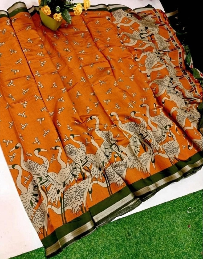 Generic Women's Linen Kalamkari Printed Saree With Unstitched Blouse - 5.5 Mtr (Orange-Green)