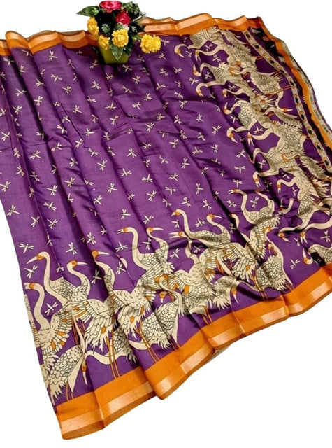 Generic Women's Linen Kalamkari Printed Saree With Unstitched Blouse - 5.5 Mtr (Purple-Orange)