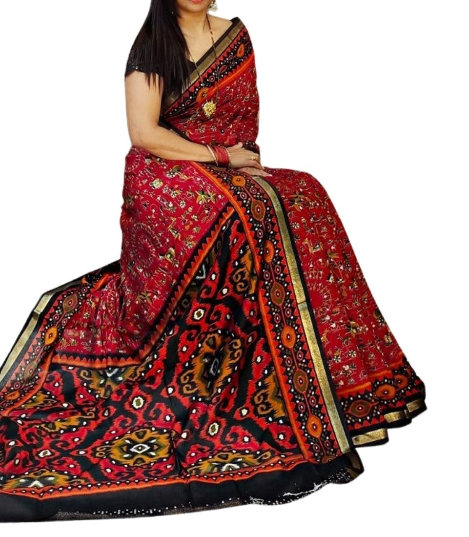 Generic Women's Linen Printed Saree With Unstitched Blouse - 5.5 Mtr (Red-Black)