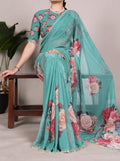 Generic Women's Georgette Floral Printed Saree With Unstitched Blouse - 5.5 Mtr (Aqua Blue)