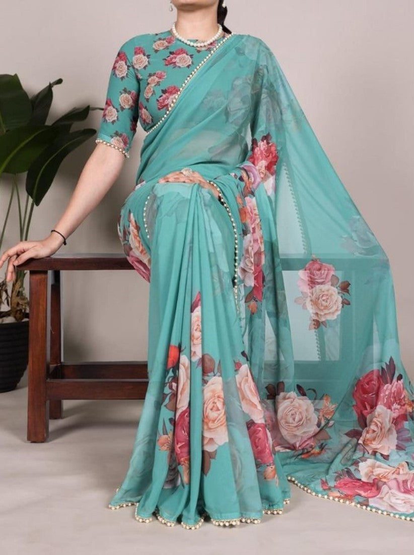 Generic Women's Georgette Floral Printed Saree With Unstitched Blouse - 5.5 Mtr (Aqua Blue)
