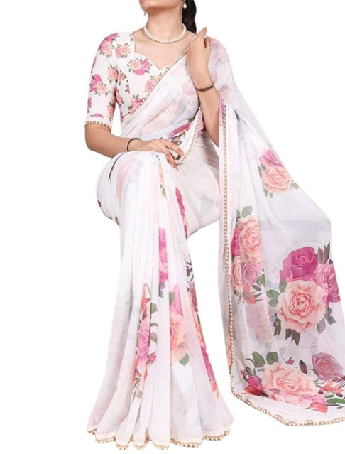 Generic Women's Georgette Floral Printed Saree With Unstitched Blouse - 5.5 Mtr (White)