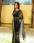 Generic Women's Linen Floral Printed Saree With Unstitched Blouse - 5.5 Mtr (Black)