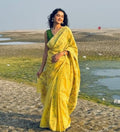 Generic Women's Linen Floral Printed Saree With Unstitched Blouse - 5.5 Mtr (Yellow)