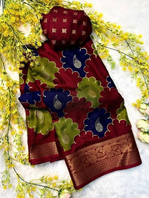 Generic Women's Dola Silk Kalamkari Floral Printed Saree With Unstitched Blouse - 5.5 Mtr (Multicolor)
