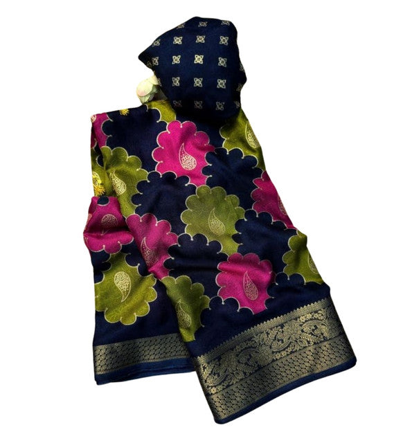 Generic Women's Dola Silk Kalamkari Floral Printed Saree With Unstitched Blouse - 5.5 Mtr (Multicolor)